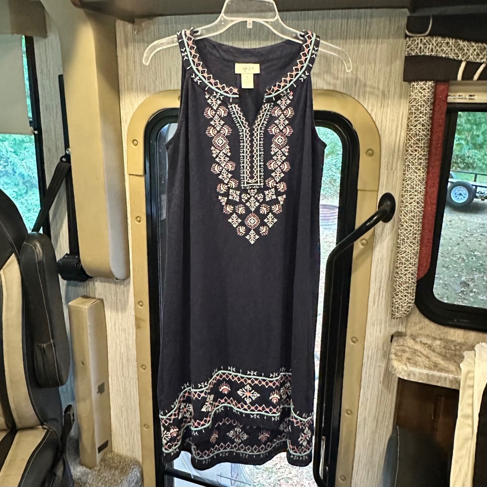 Sleeveless Embroidered Midi Dress Size S Style & Co Shift Dark Blue